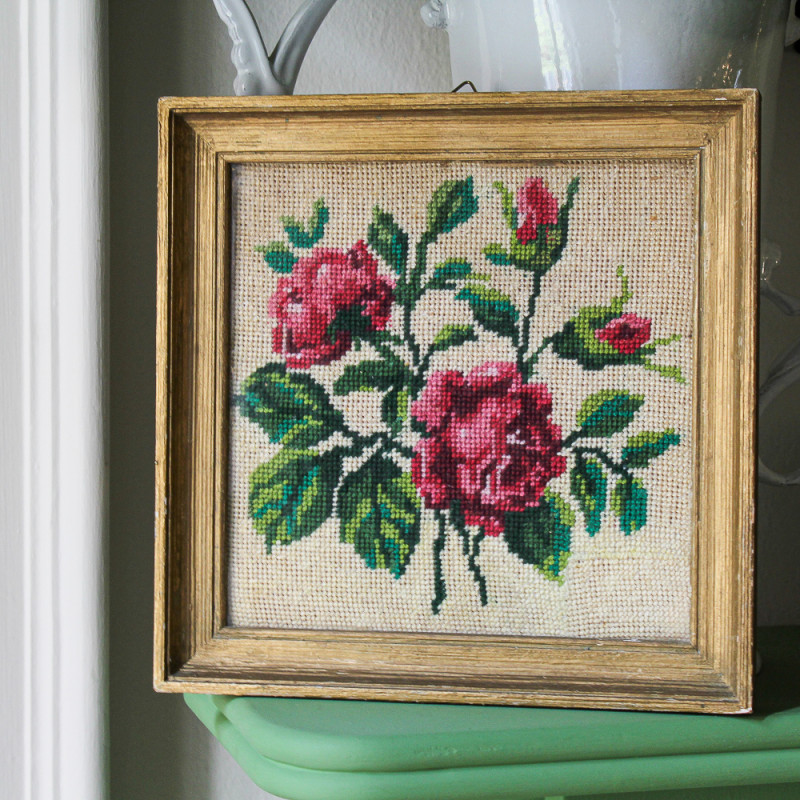Vintage Cross Stitch Square Frame with Roses